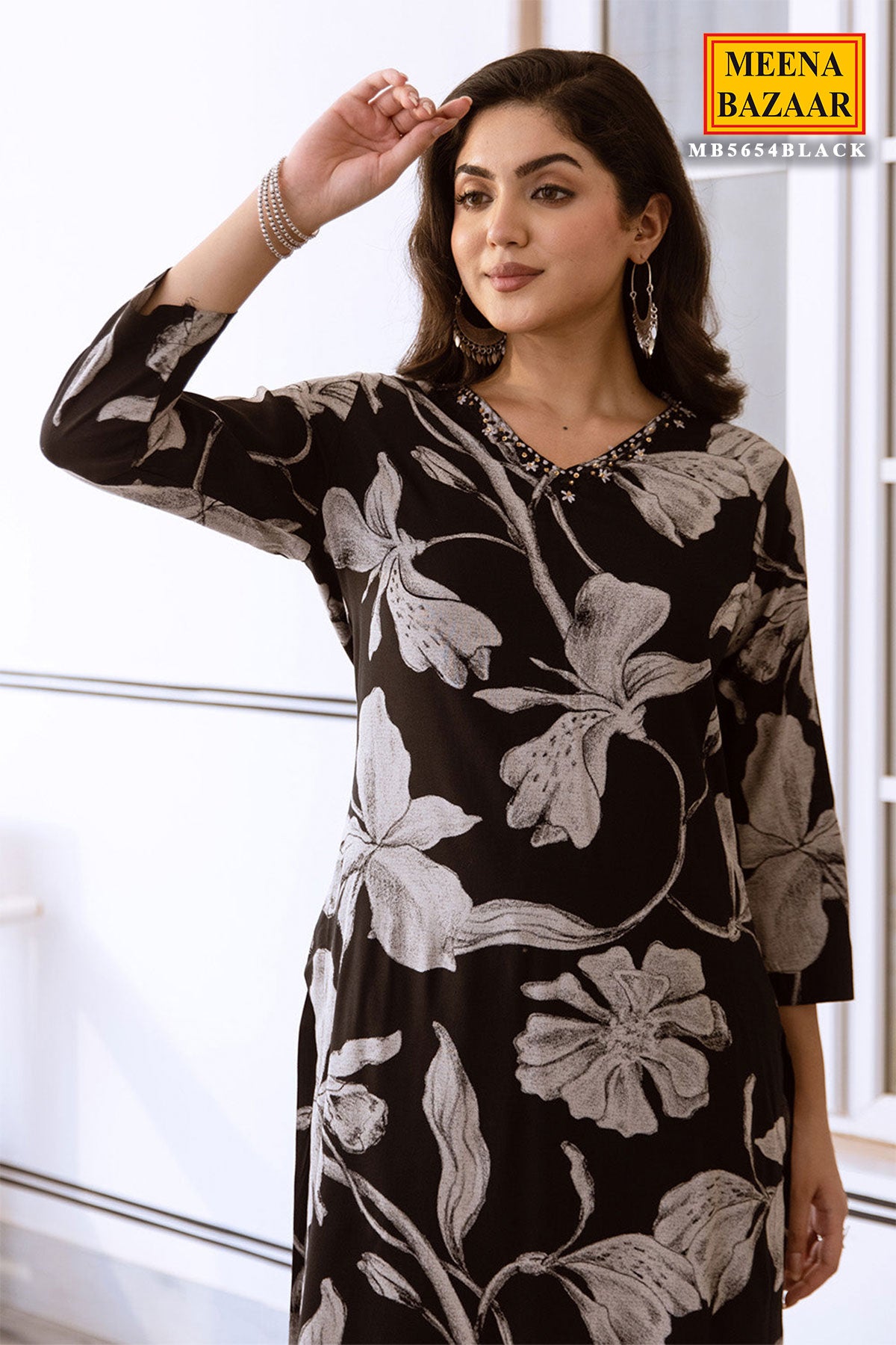 Black Rayon Floral Printed Thread Embroidered Kurta Palazzo Set