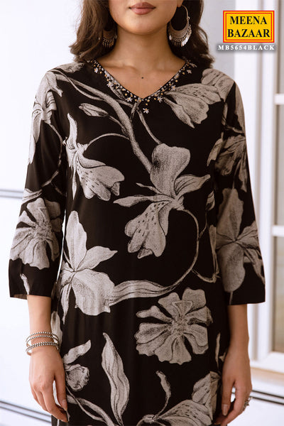 Black Rayon Floral Printed Thread Embroidered Kurta Palazzo Set