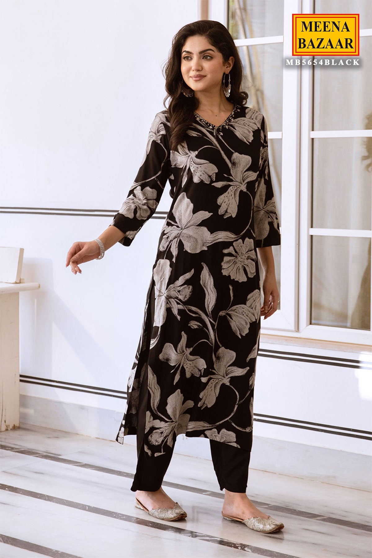 Black Rayon Floral Printed Thread Embroidered Kurta Palazzo Set