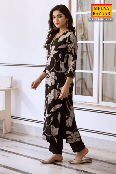 Black Rayon Floral Printed Thread Embroidered Kurta Palazzo Set