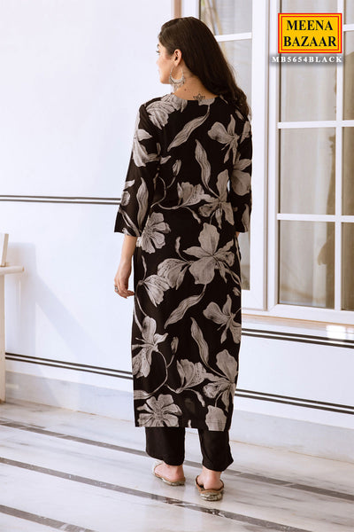 Black Rayon Floral Printed Thread Embroidered Kurta Palazzo Set