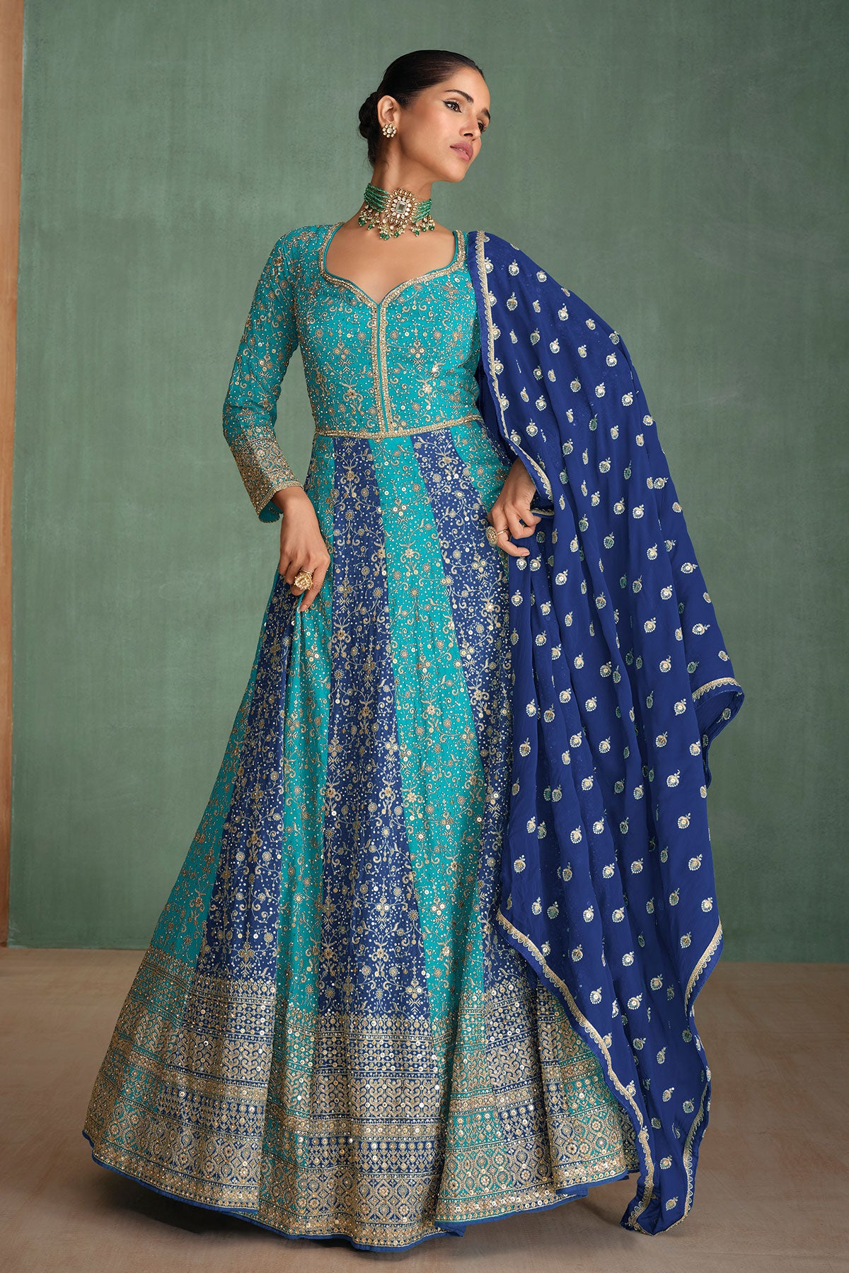 Firozi Georgette Swarovski Sequin Designer Gown