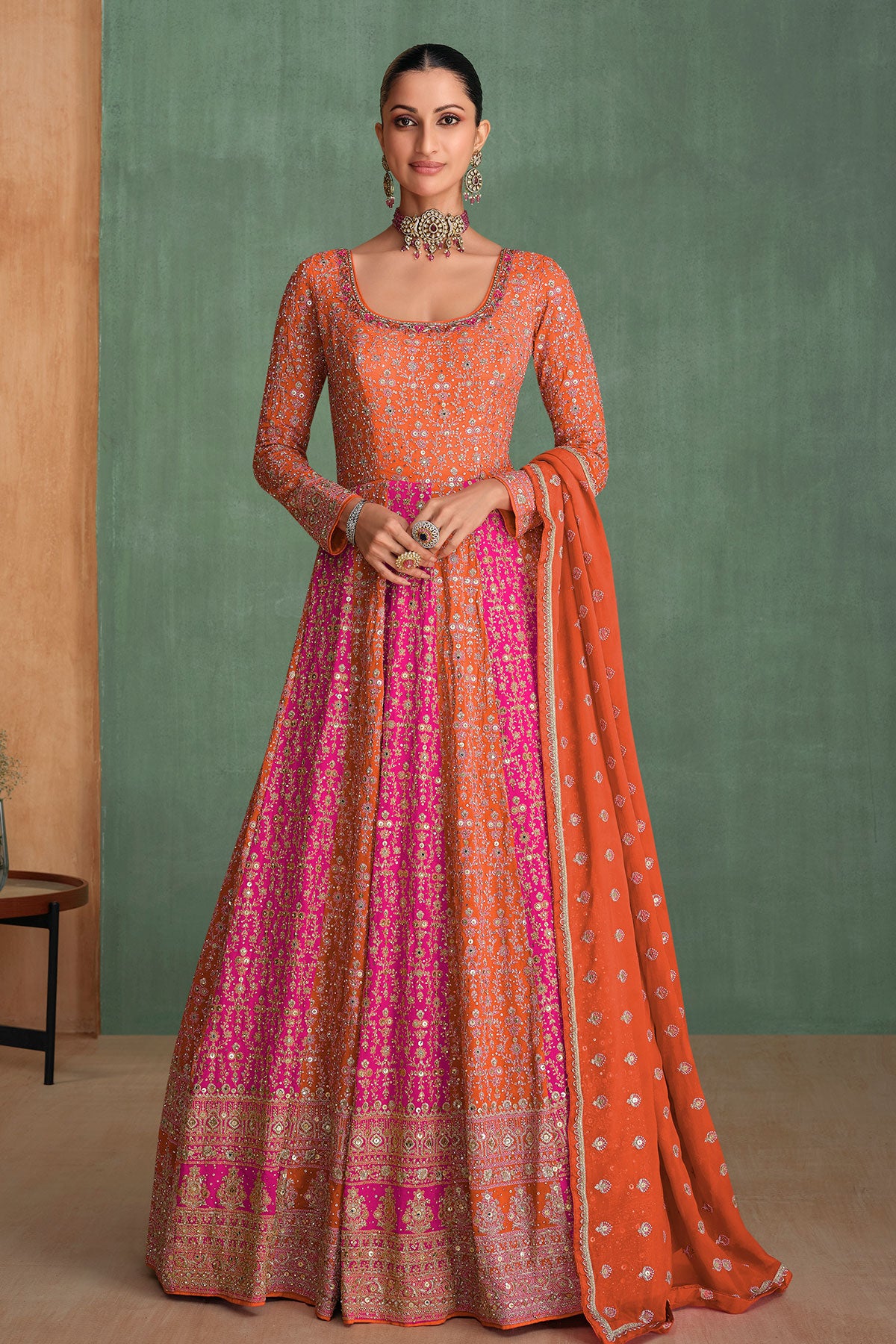 Orange Georgette Swarovski Sequin Designer Gown