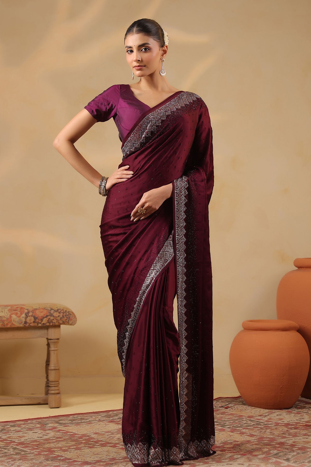 Wine Crepe Saree Elegant Party & Festive Wear