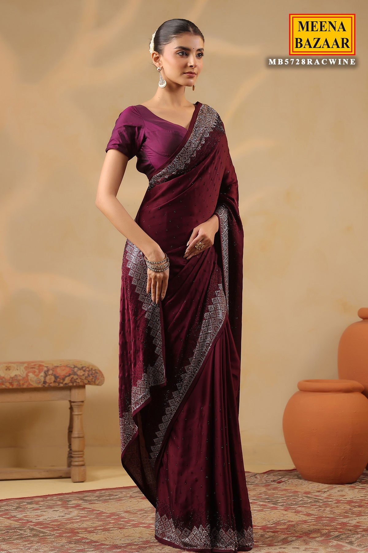 Wine Crepe Saree Elegant Party & Festive Wear
