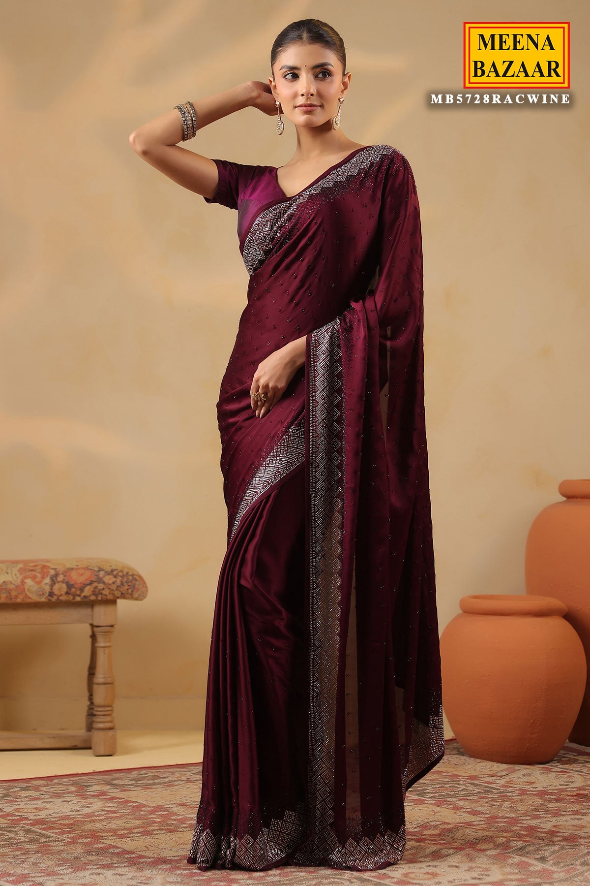 Wine Crepe Saree Elegant Party & Festive Wear