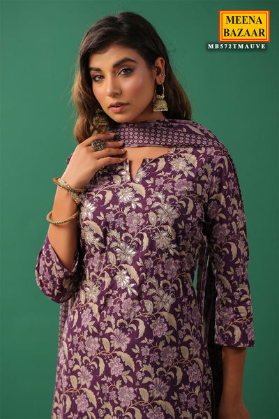 Mauve Cotton Floral Printed Gota Patti and Zari Embroidered Suit