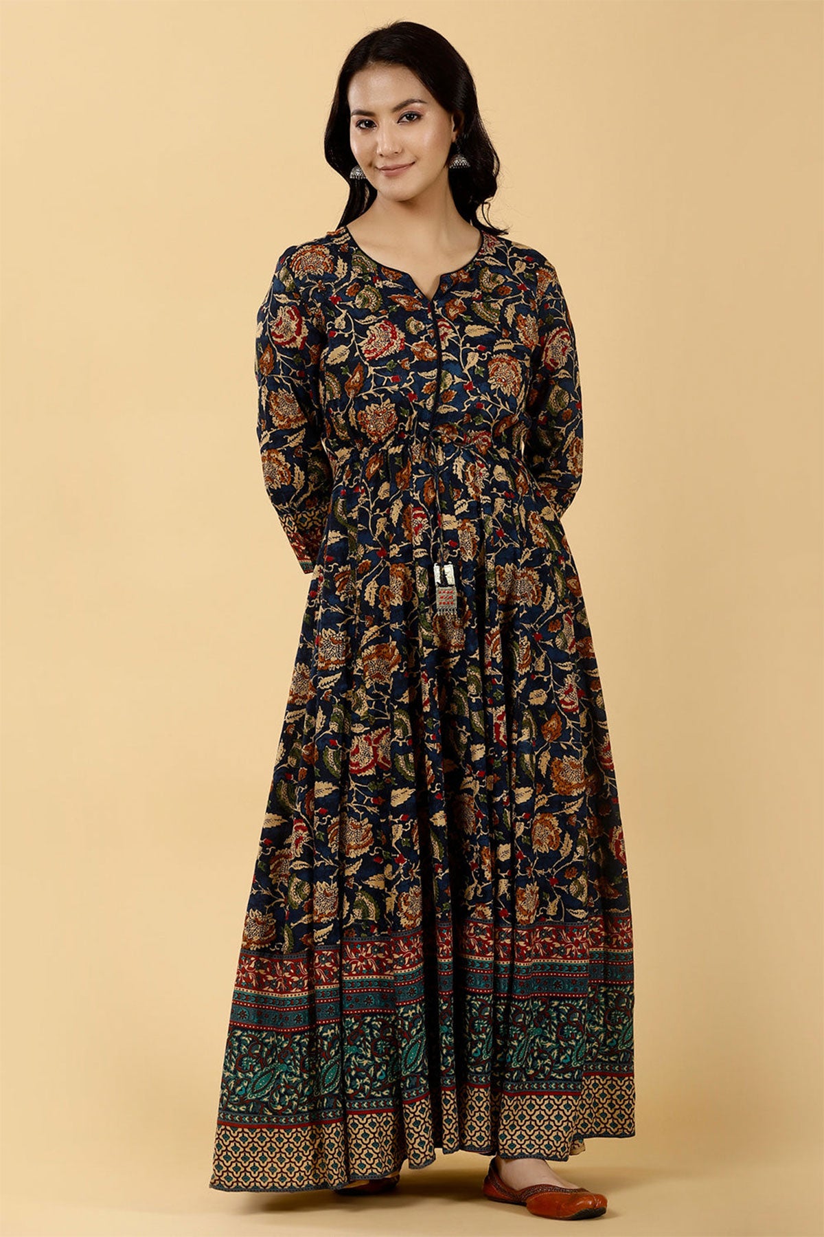 Blue Cotton Angrakha Style Floral Printed Kurti