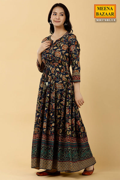 Blue Cotton Angrakha Style Floral Printed Kurti