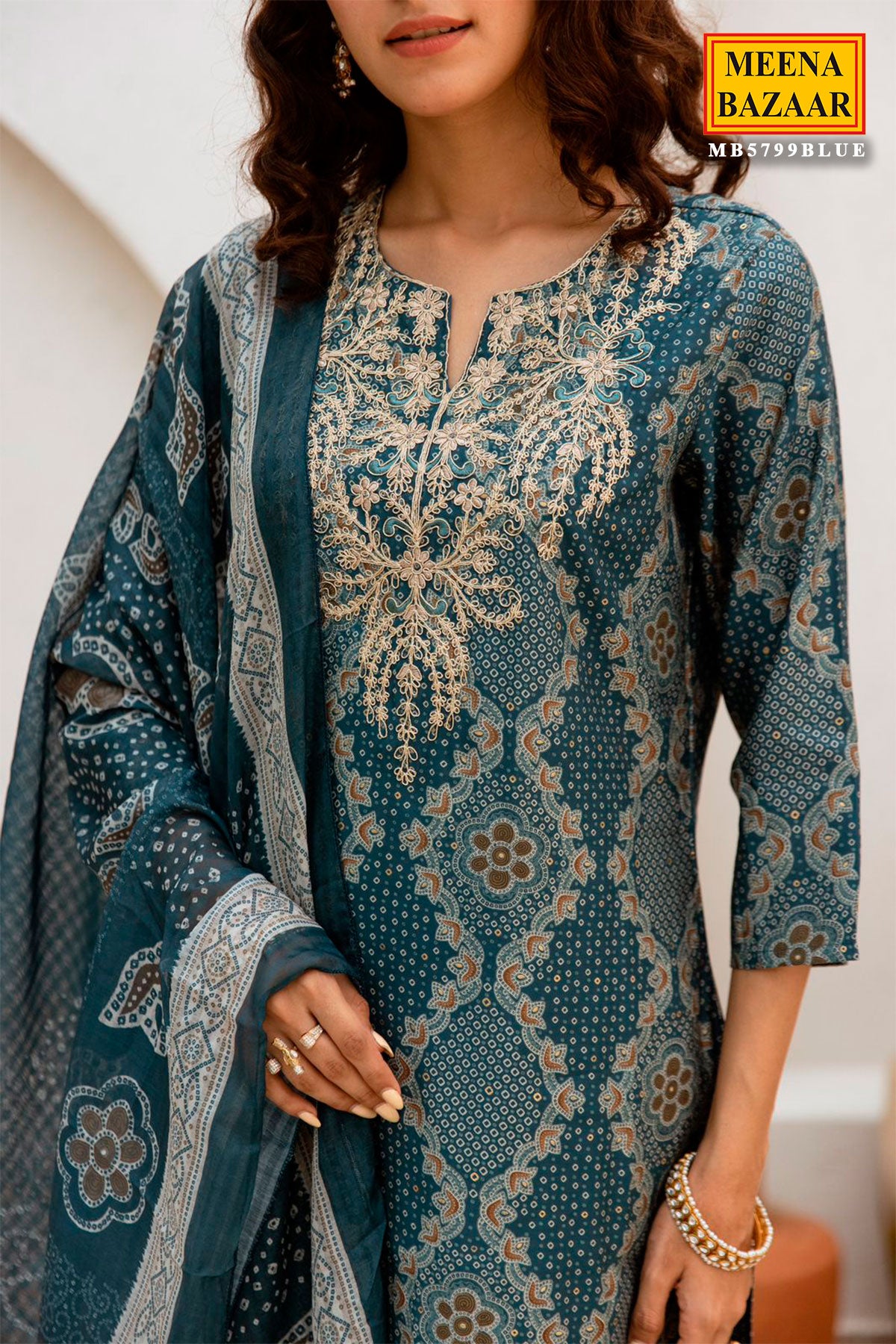 Teal Blue Muslin Embroidered Suit with Printed Dupatta Set