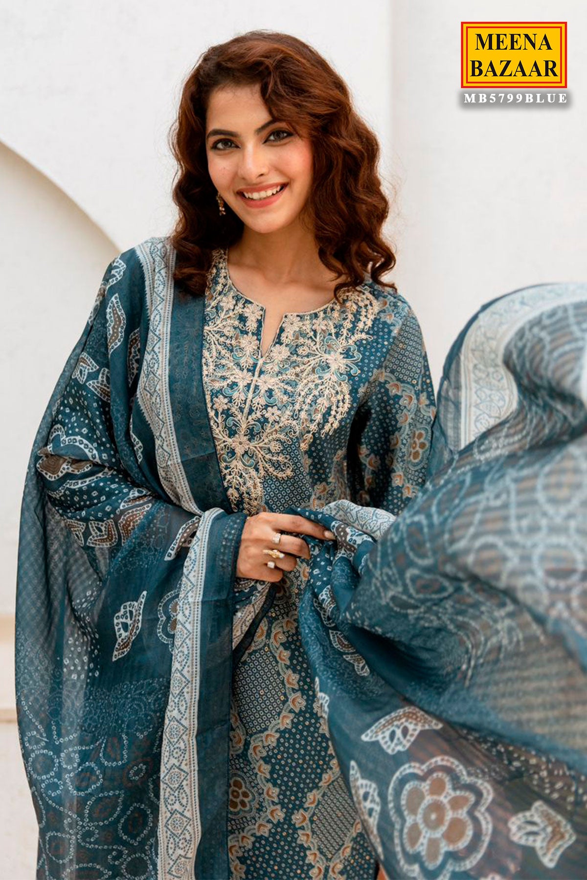 Teal Blue Muslin Embroidered Suit with Printed Dupatta Set