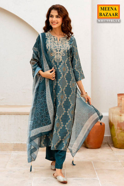 Teal Blue Muslin Embroidered Suit with Printed Dupatta Set