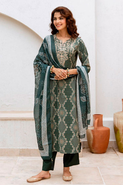 Teal Blue Muslin Embroidered Suit with Printed Dupatta Set