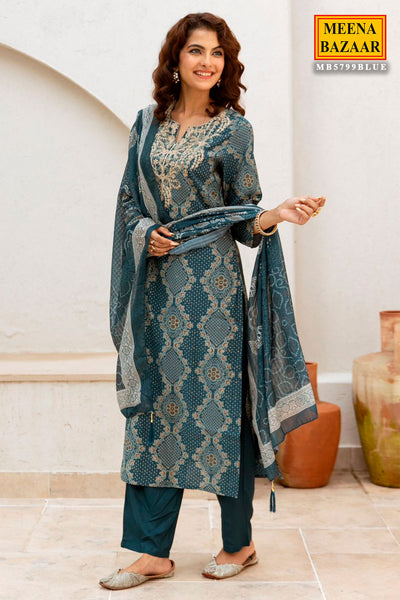 Teal Blue Muslin Embroidered Suit with Printed Dupatta Set