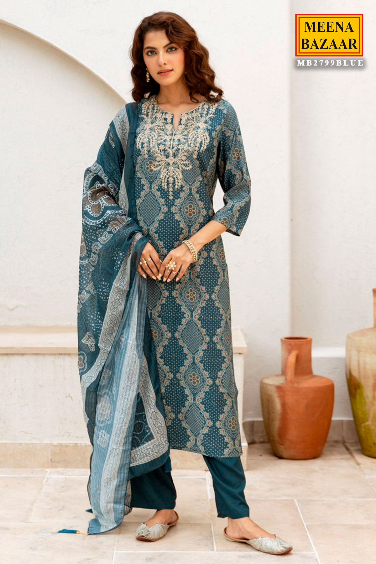 Teal Blue Muslin Embroidered Suit with Printed Dupatta Set