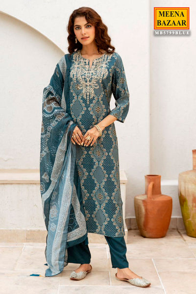 Teal Blue Muslin Embroidered Suit with Printed Dupatta Set