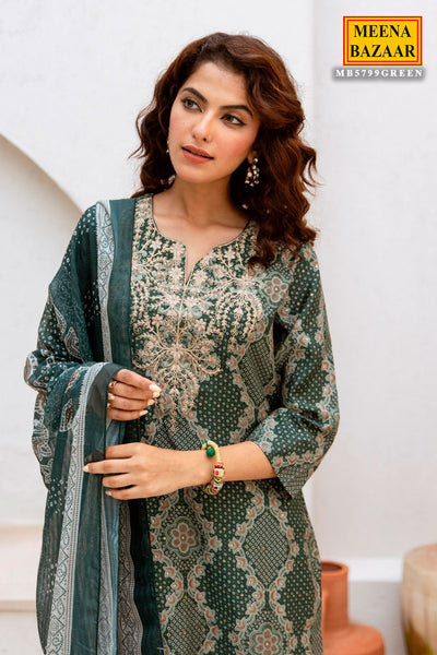 Green Muslin Embroidered Suit with Printed Dupatta Set