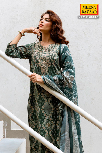 Green Muslin Embroidered Suit with Printed Dupatta Set