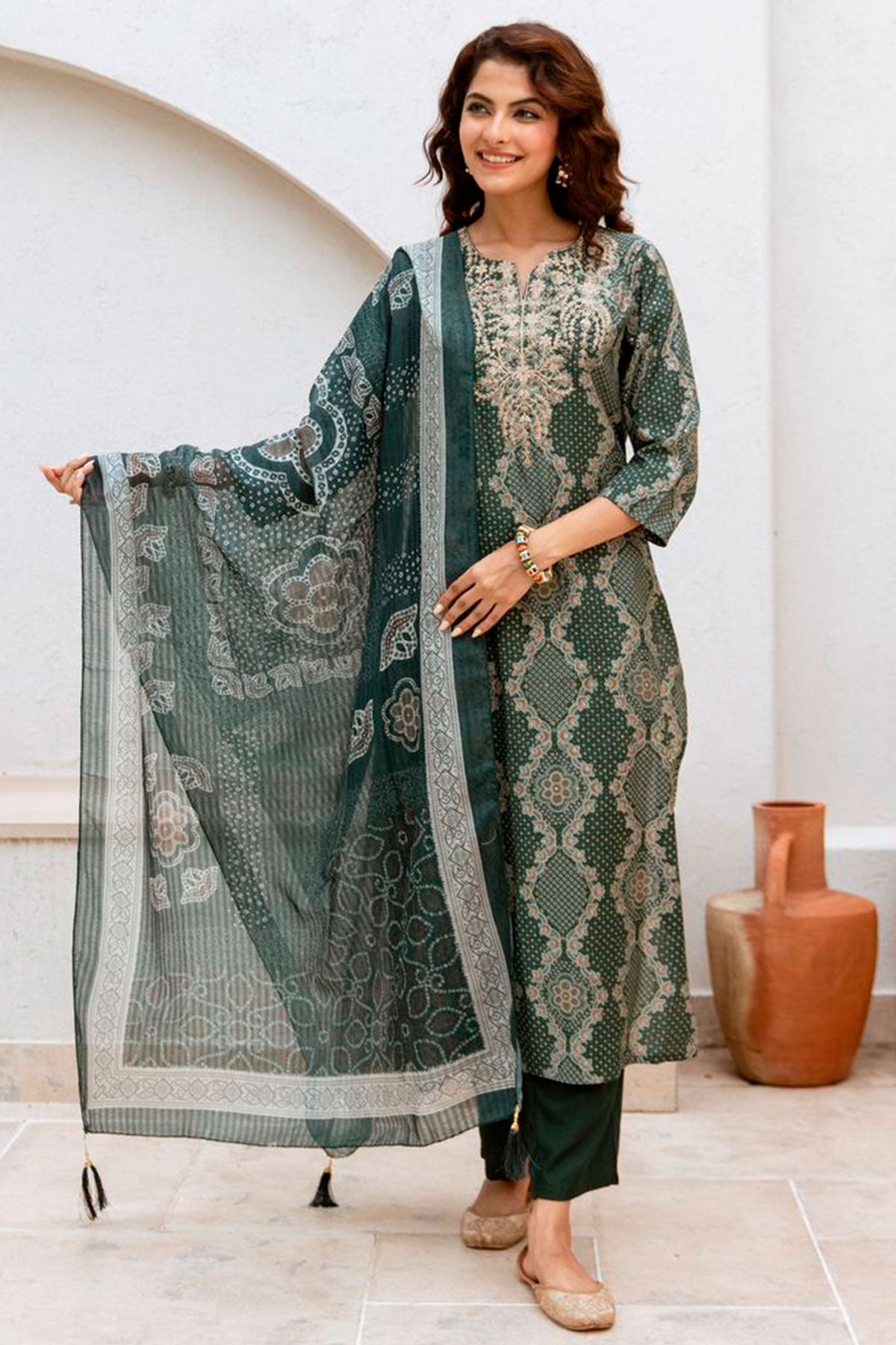 Green Muslin Embroidered Suit with Printed Dupatta Set