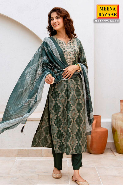 Green Muslin Embroidered Suit with Printed Dupatta Set