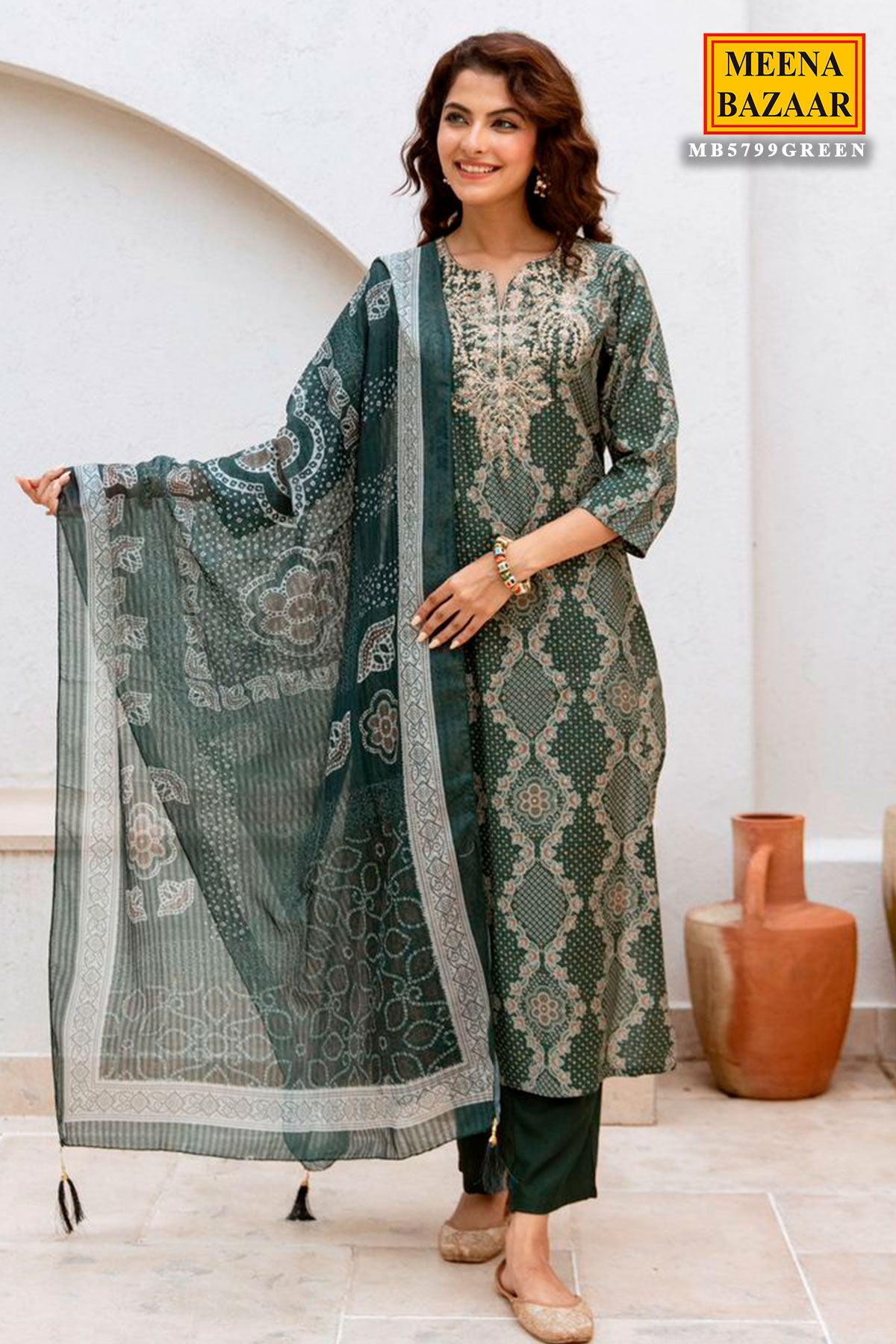 Green Muslin Embroidered Suit with Printed Dupatta Set