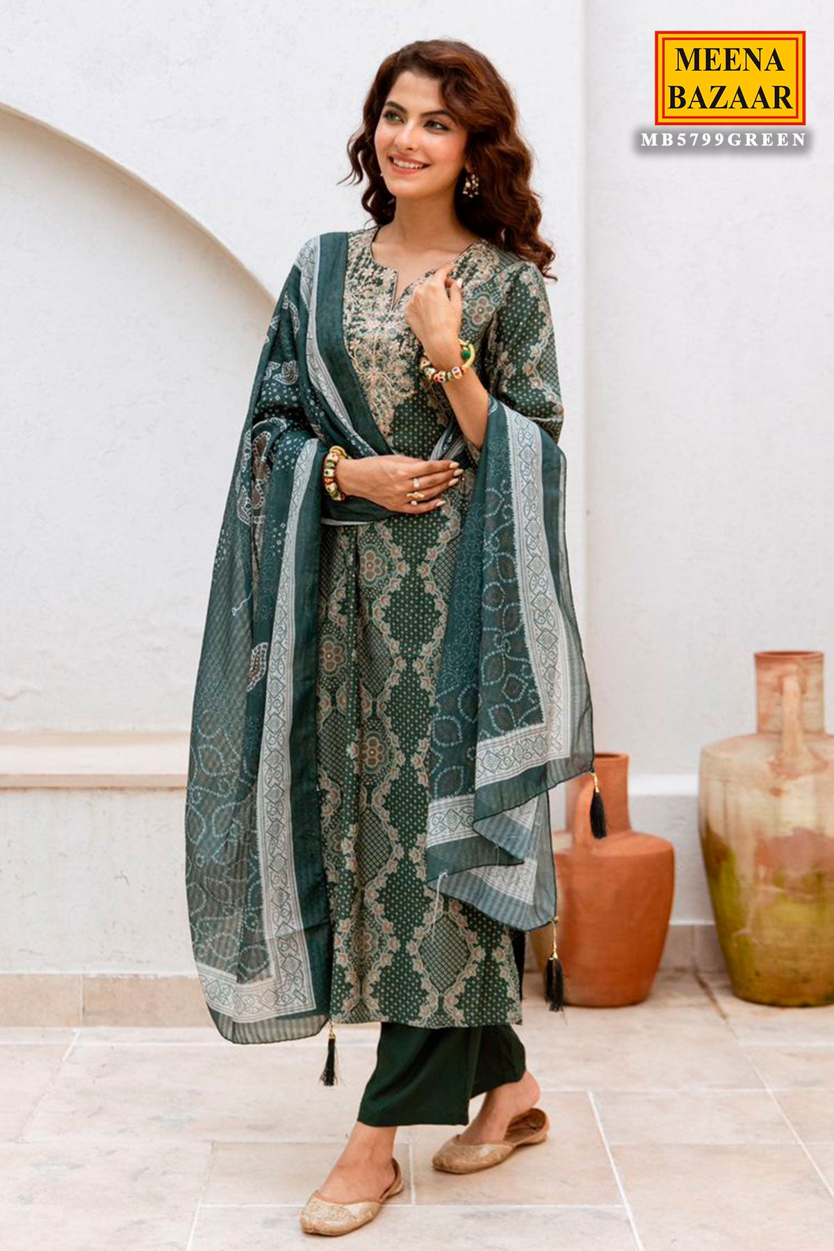 Green Muslin Embroidered Suit with Printed Dupatta Set