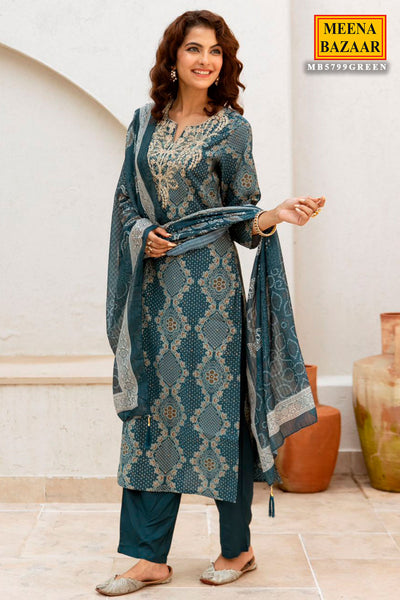 Green Muslin Embroidered Suit with Printed Dupatta Set