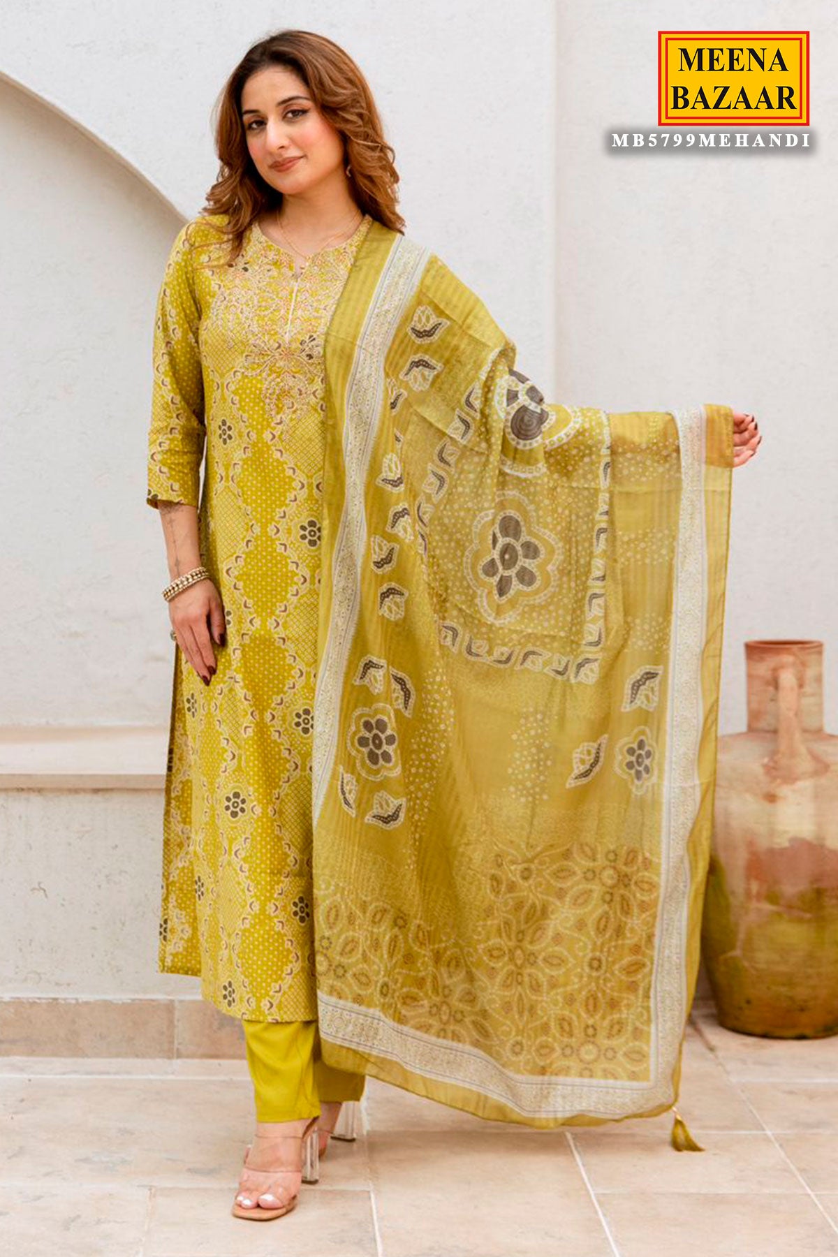 Mehandi Muslin Embroidered Suit with Printed Dupatta Set