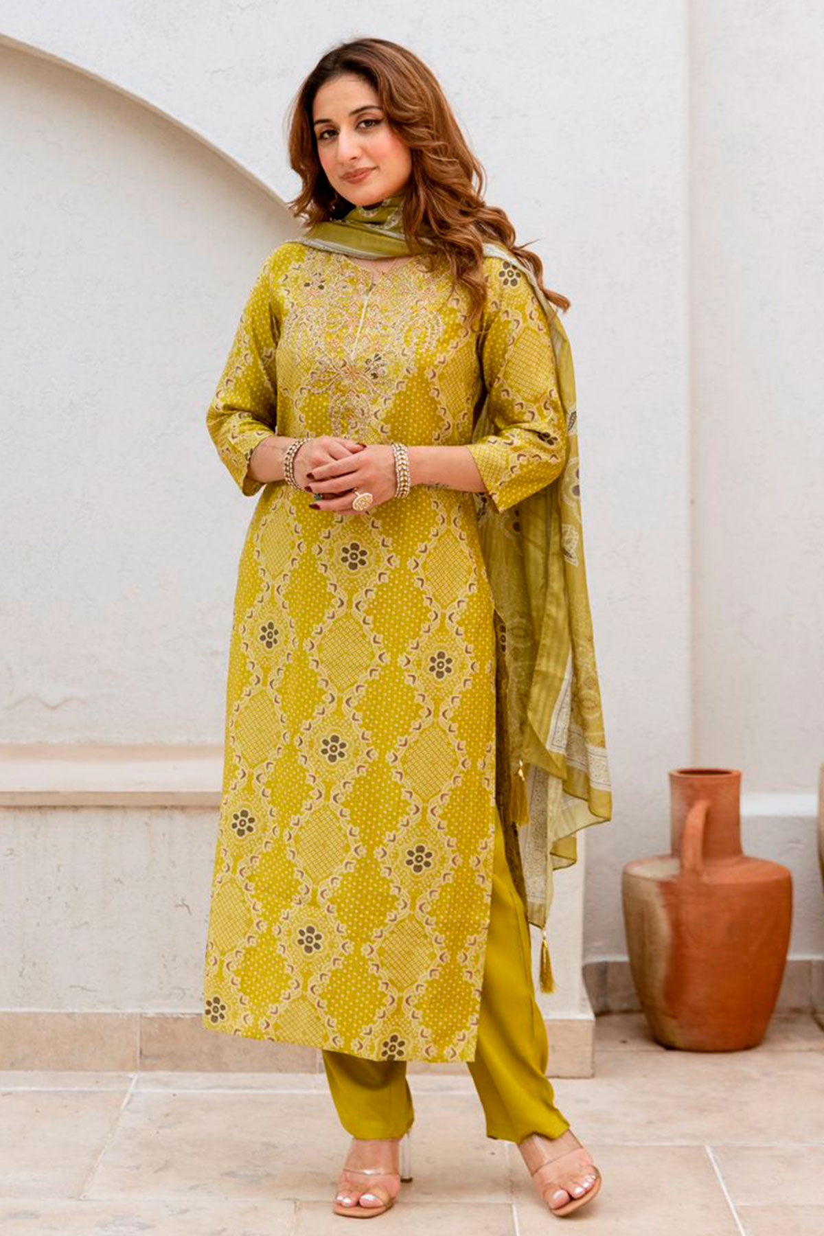 Mehandi Muslin Embroidered Suit with Printed Dupatta Set