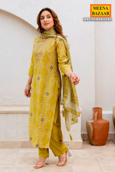 Mehandi Muslin Embroidered Suit with Printed Dupatta Set