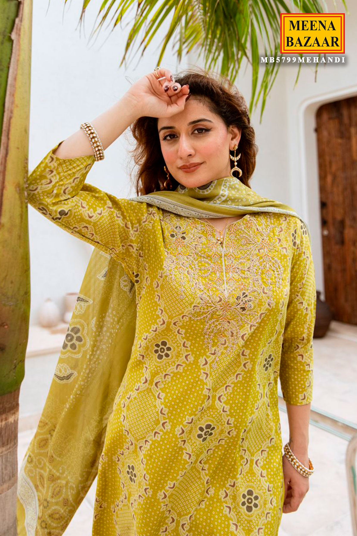 Mehandi Muslin Embroidered Suit with Printed Dupatta Set