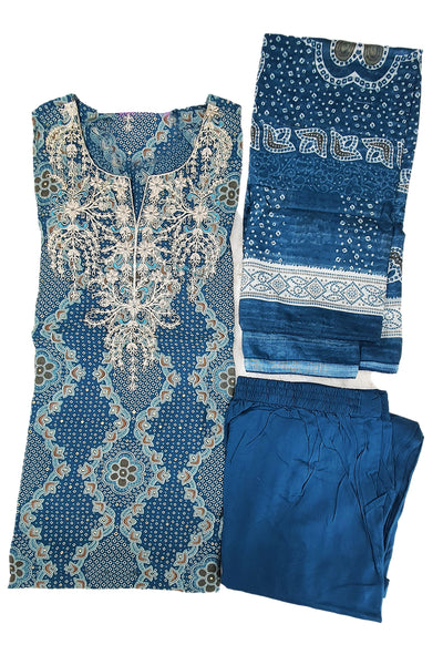 Teal Blue Muslin Embroidered Suit with Printed Dupatta Set