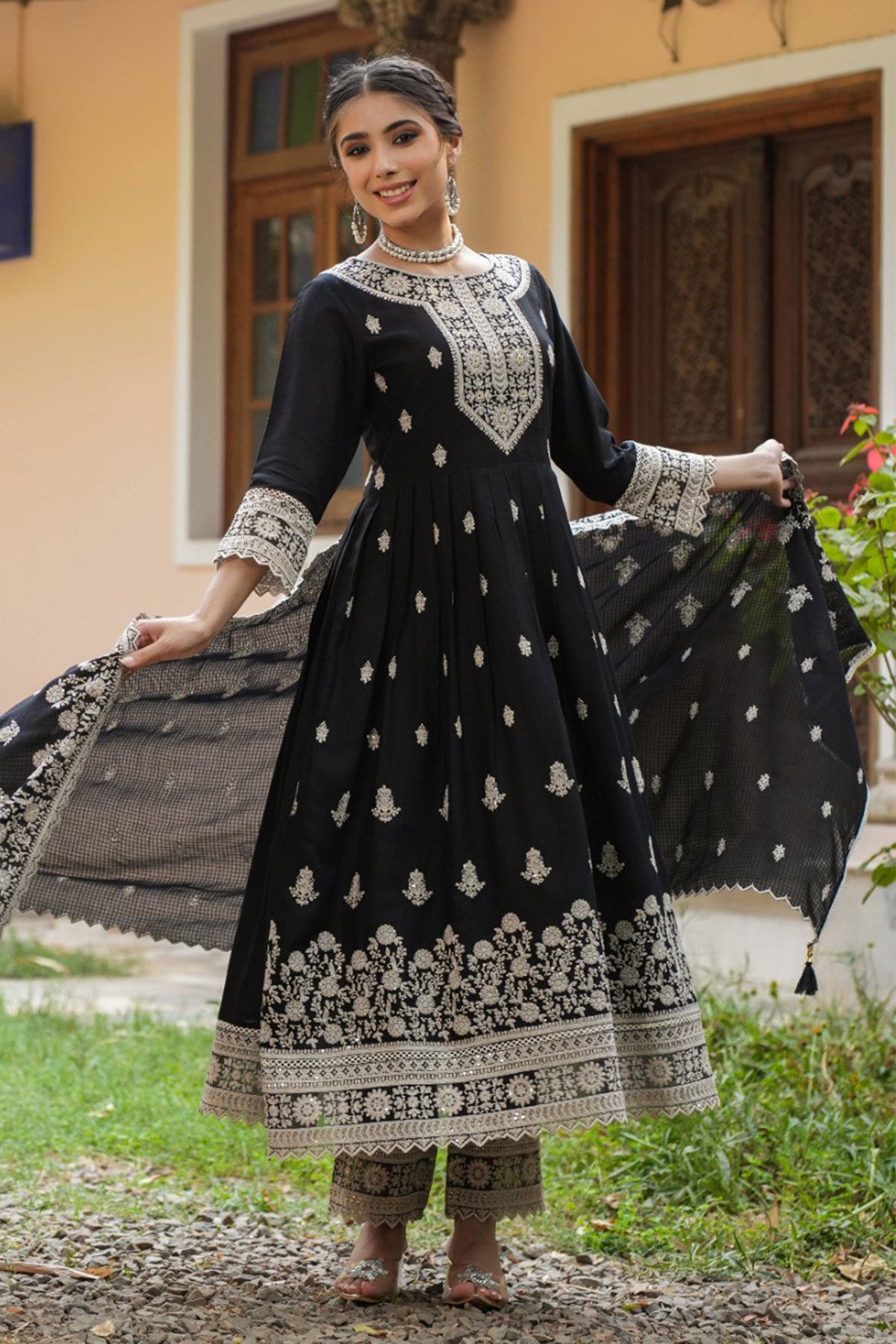 Black Rayon Sequins Embroidered Suit Set