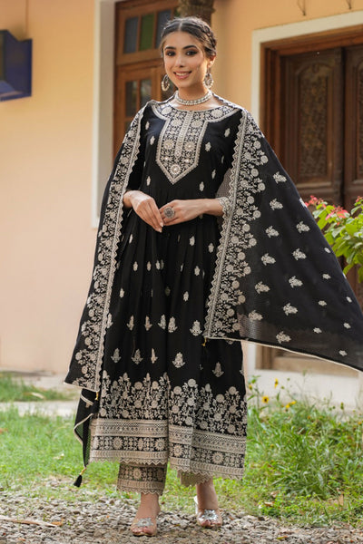 Black Rayon Sequins Embroidered Suit Set