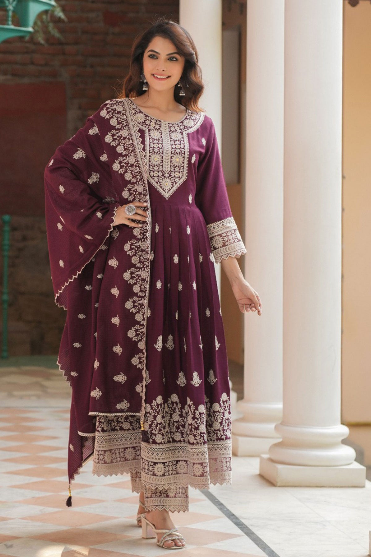 Wine Rayon Sequins Embroidered Suit Set