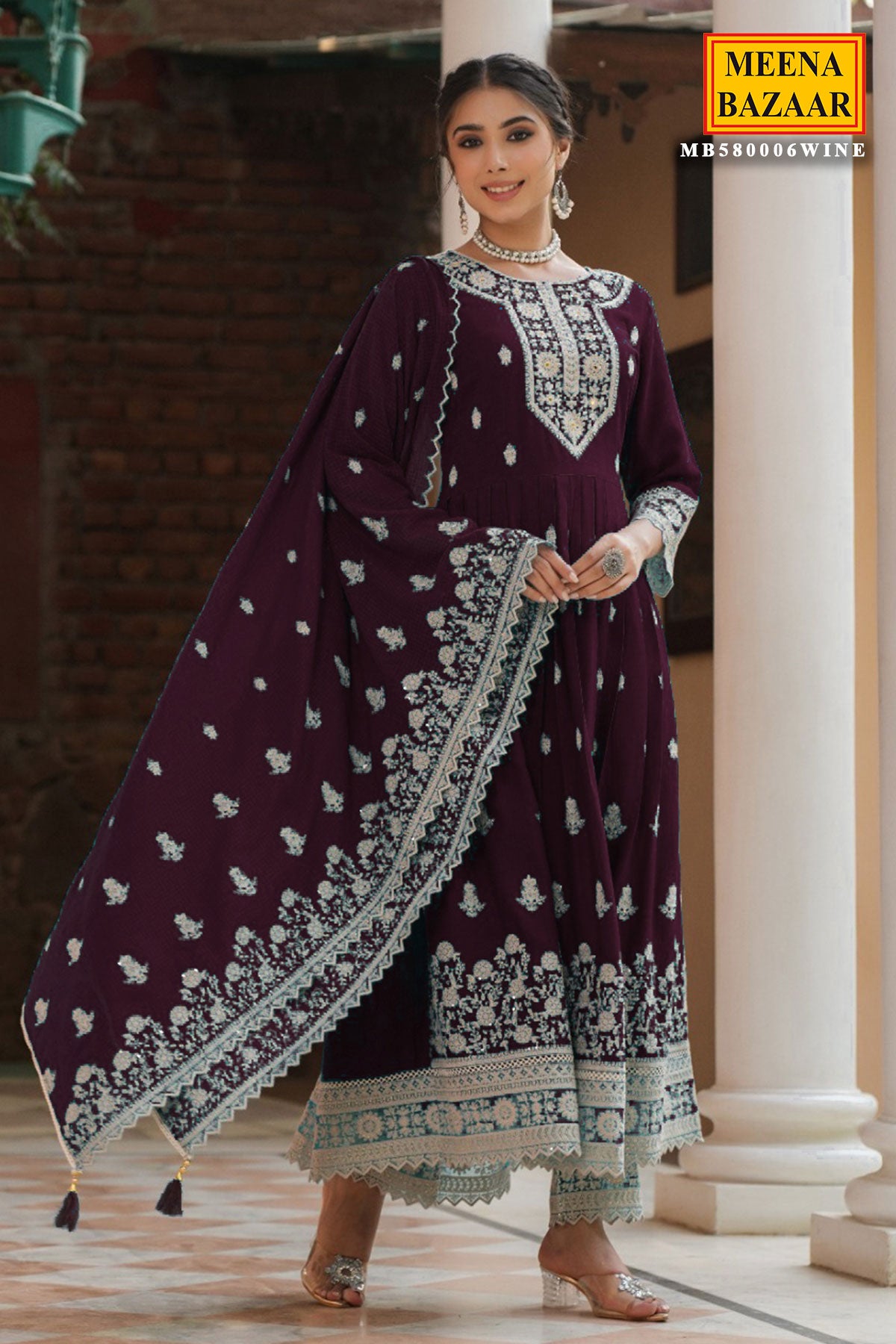 Wine Rayon Sequins Embroidered Suit Set