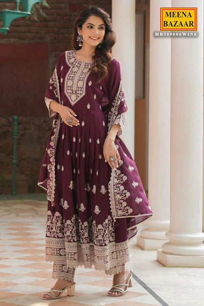 Wine Rayon Sequins Embroidered Suit Set