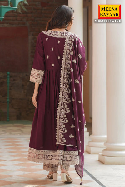 Wine Rayon Sequins Embroidered Suit Set