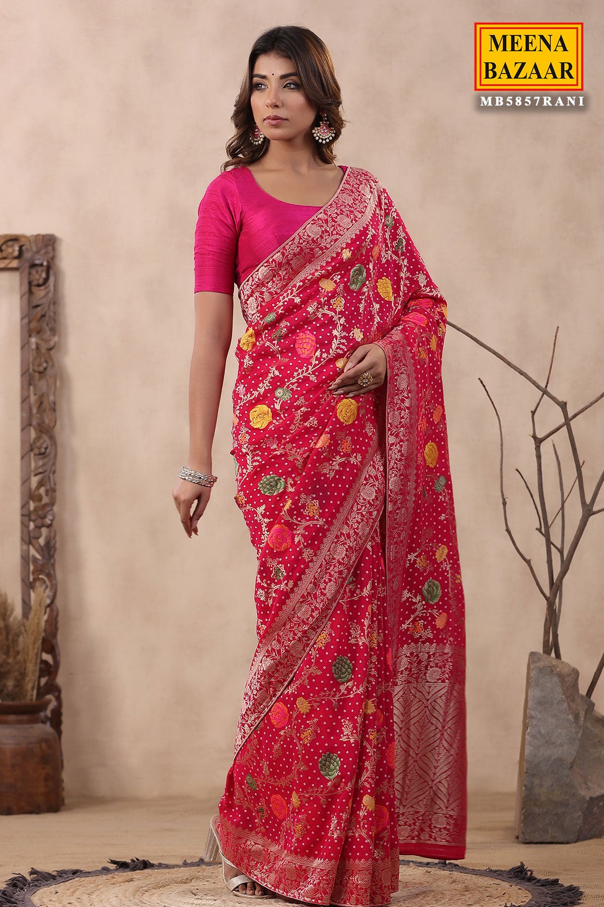 Rani Khaddi Georgette Bandhani Printed Floral Zari Woven Saree-