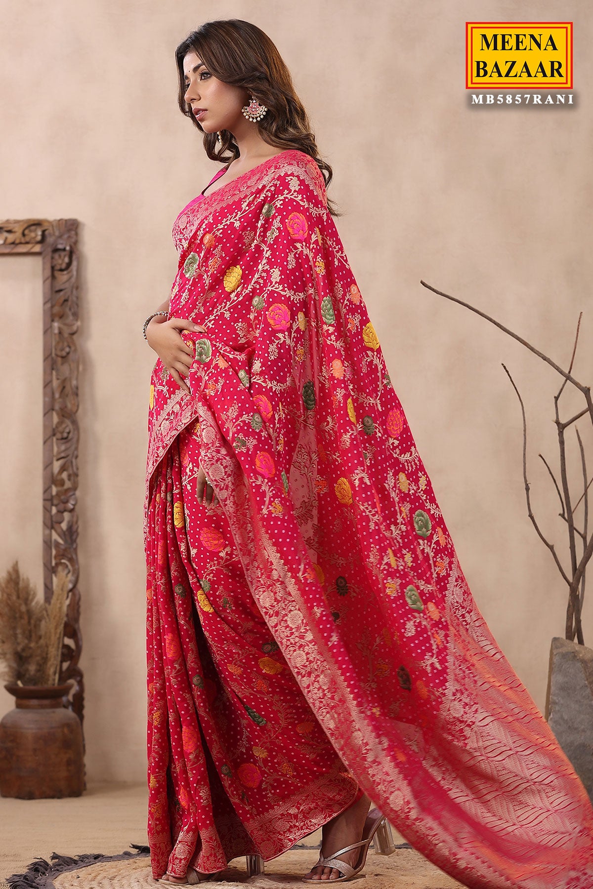 Rani Khaddi Georgette Bandhani Printed Floral Zari Woven Saree-