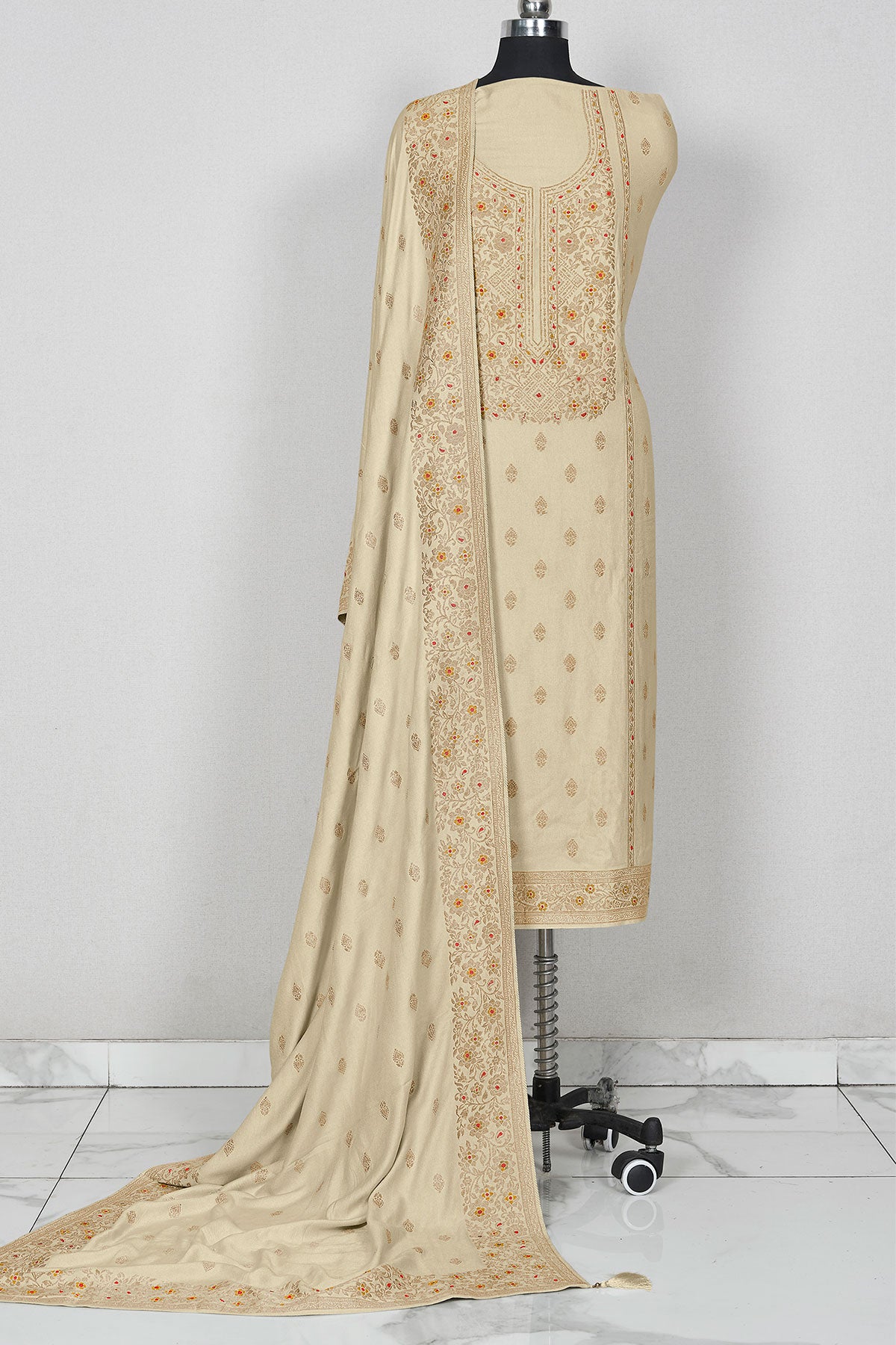 Cream Pashmina Zari Woven Embroidered Suit