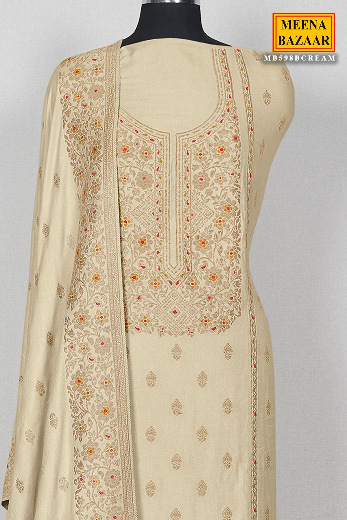 Cream Pashmina Zari Woven Embroidered Suit