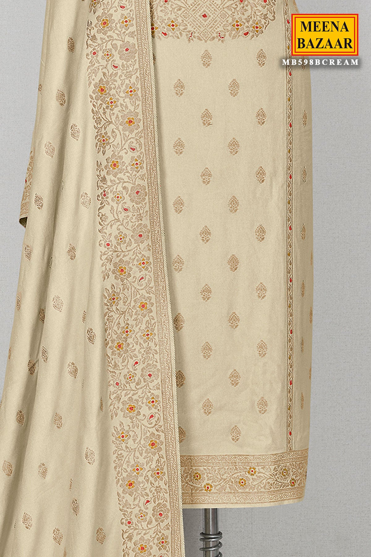 Cream Pashmina Zari Woven Embroidered Suit