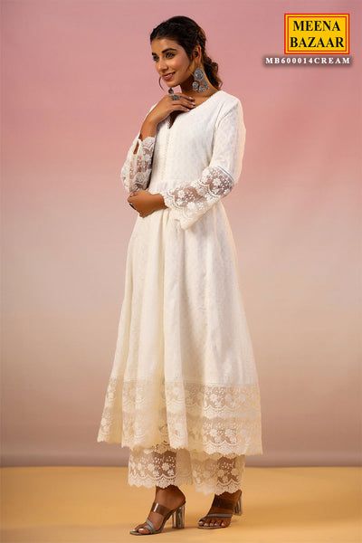 Cream Cotton Kurti with Pants Threadwork, Zari, and Lace Embroidery