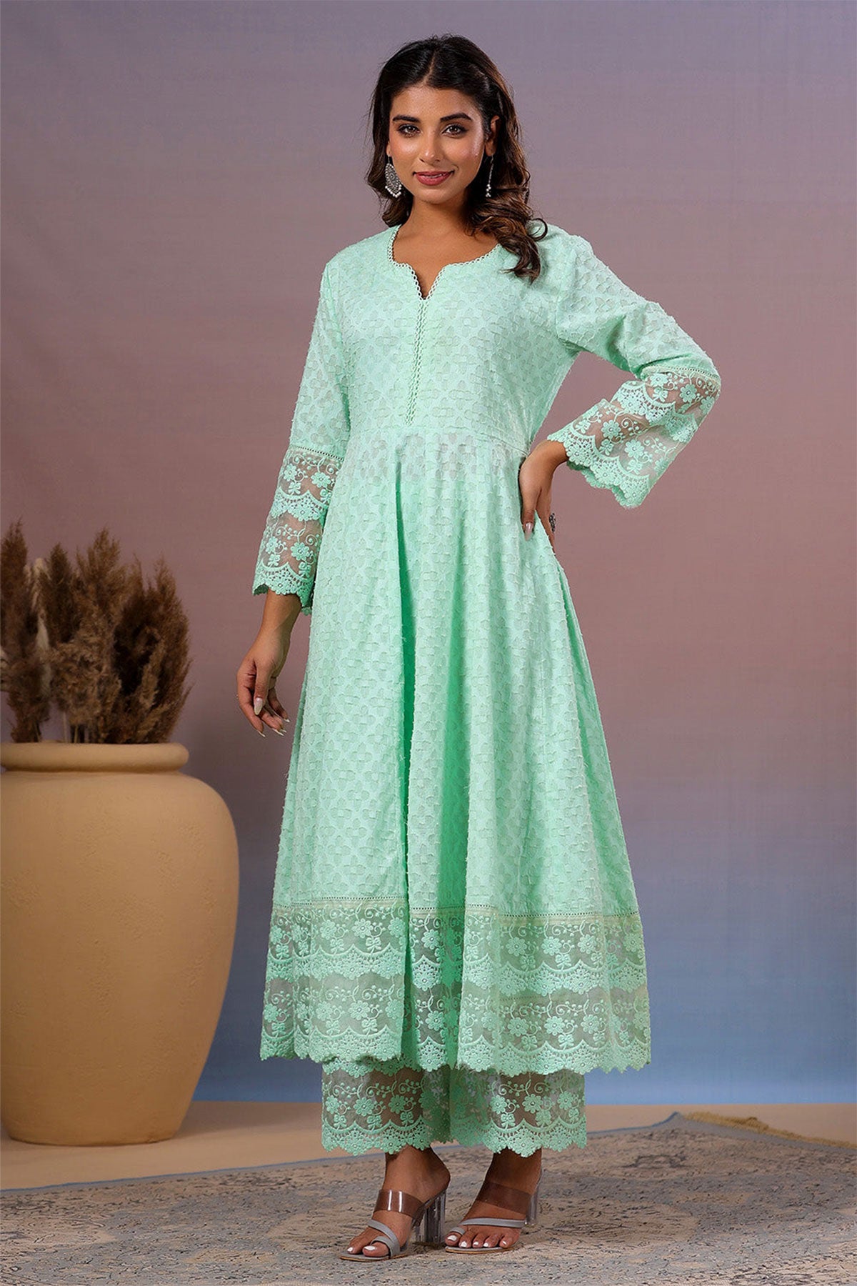 Light Green Cotton Kurti with Pants Threadwork, Zari, and Lace Embroidery