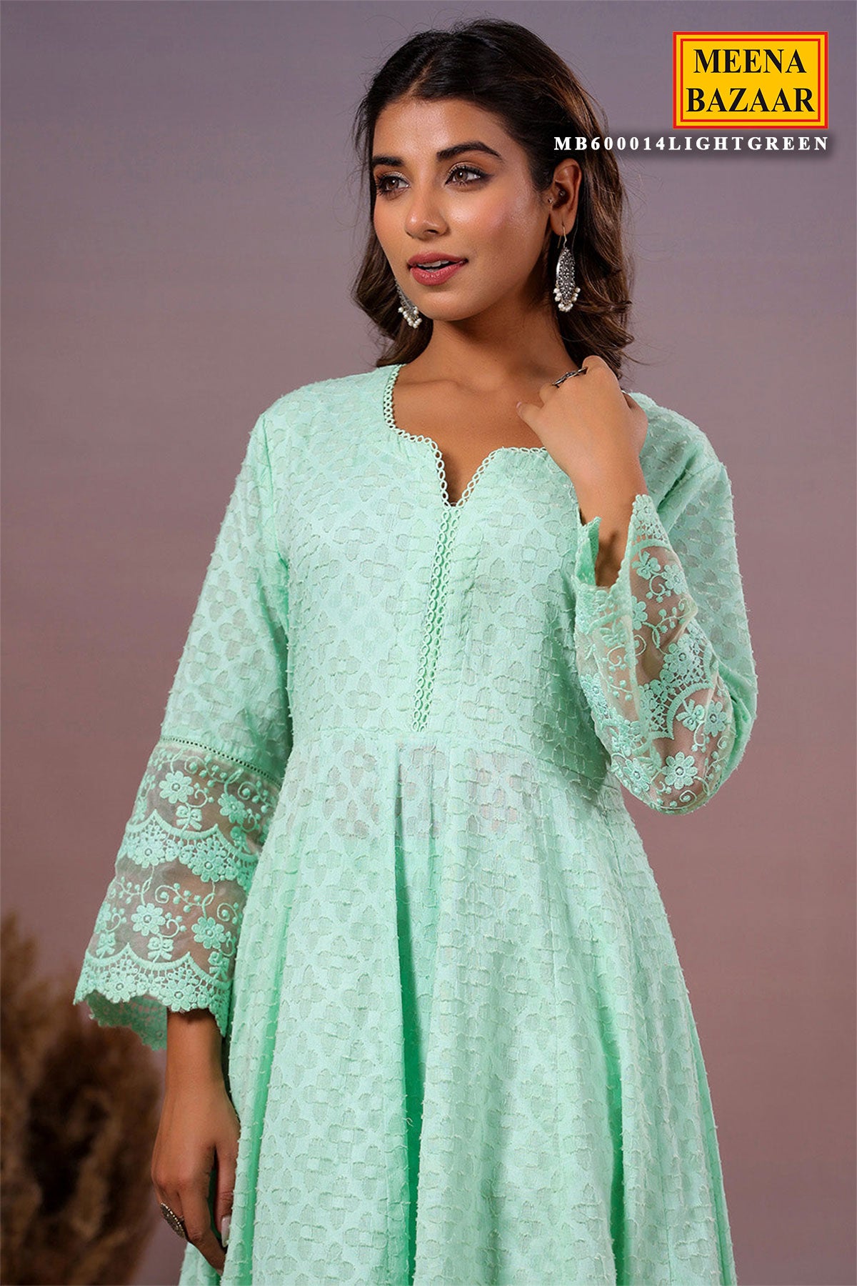 Light Green Cotton Kurti with Pants Threadwork, Zari, and Lace Embroidery