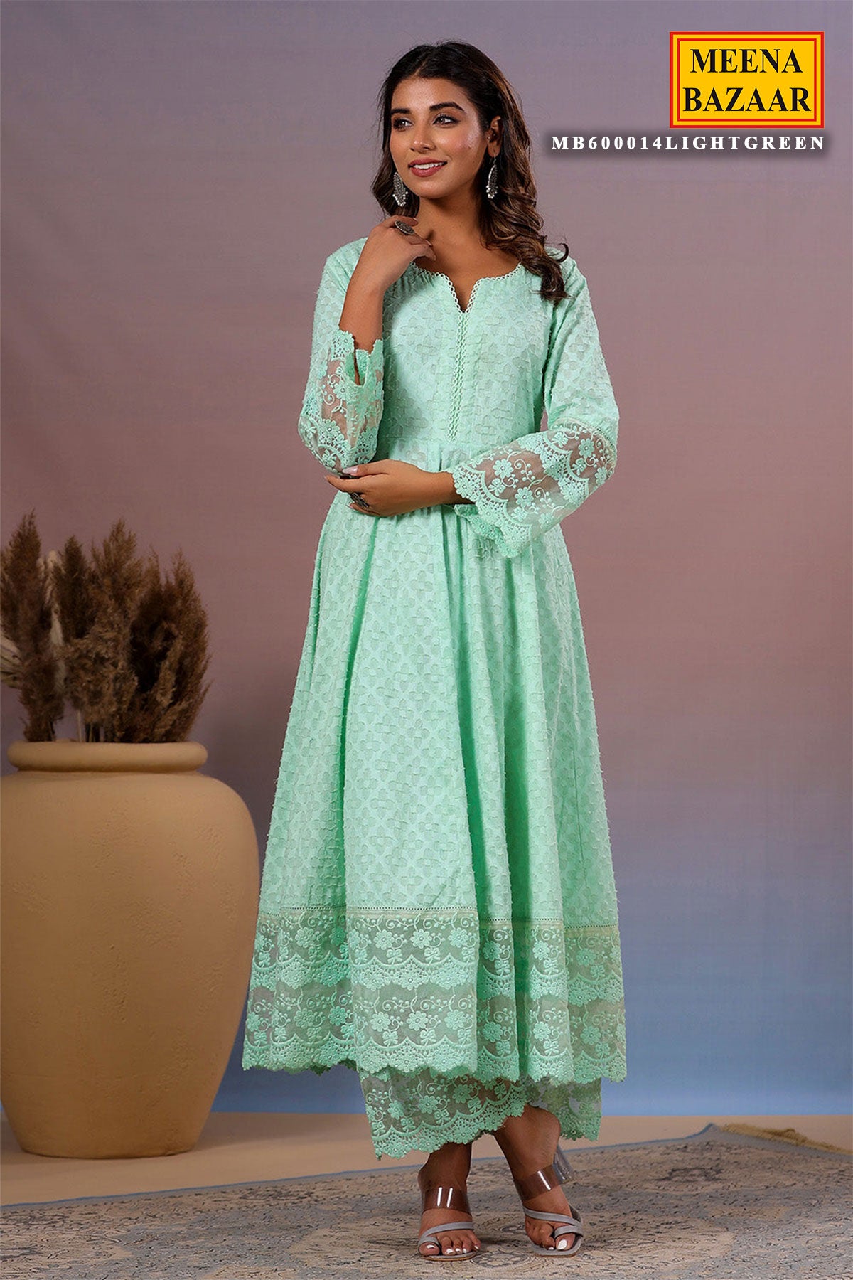 Light Green Cotton Kurti with Pants Threadwork, Zari, and Lace Embroidery