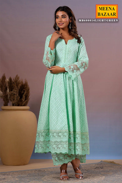 Light Green Cotton Kurti with Pants Threadwork, Zari, and Lace Embroidery