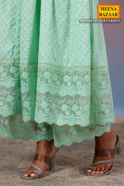 Light Green Cotton Kurti with Pants Threadwork, Zari, and Lace Embroidery