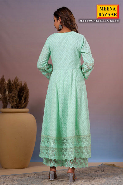 Light Green Cotton Kurti with Pants Threadwork, Zari, and Lace Embroidery